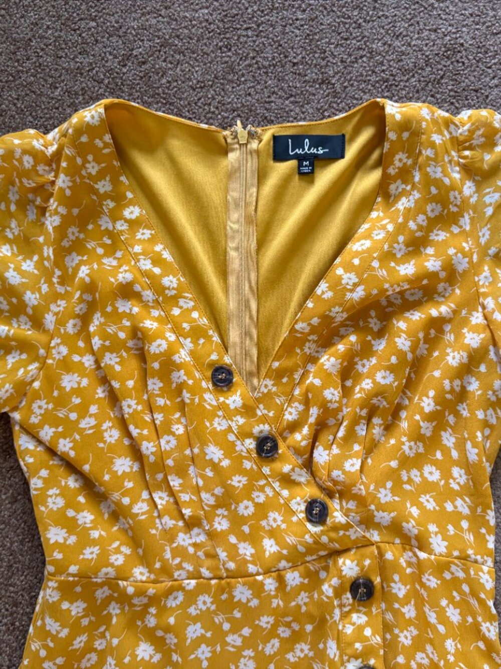 Lulus Mustard Yellow Floral Wrap Midi Dress Size M Button Front - Picture 2 of 5